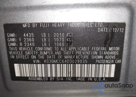 2013 Subaru Legacy 2.5I Premium from USA, damaged, VIN 4S3BMCC64D3029035